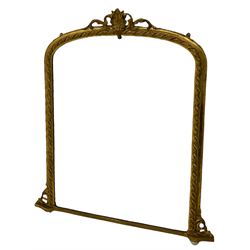 Victorian gilt framed overmantle mirror, arched top with anthemion and scrolled foliate pediment, rope twist moulded frame with scrolled leaf brackets