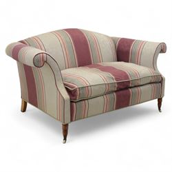 Traditional design two seater sofa, upholstered in striped blue and purple fabric