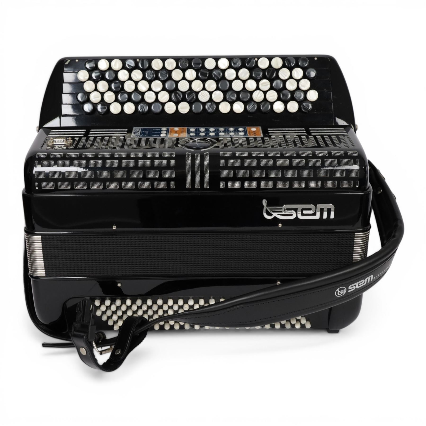 SEM Ciao 5-row digital reedless chromatic button midi-accordion, with 87-black and white buttons and 120 bass buttons, in black high gloss case, with carry strap and original hard carrycase