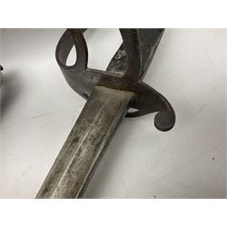 George V British Army 1897 pattern officers sword with plain 82cm fullered steel blade, pierced  basket hilt with George V cypher and wire bound leather grip with chequered backstrap; in leather covered field service scabbard L101cm overall; and another officer's sword in relic condition lacking scabbard (2)