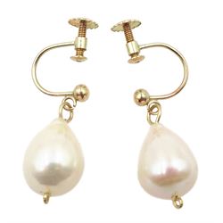 Pair of gold white/pink cultured pearl pendant screw back earrings , stamped 9ct