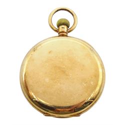 9ct gold open face keyless Swiss lever, 15 jewels pocket watch, white enamel dial with Arabic numerals and subsidiary seconds dial, case by Aaron Lufkin Dennison, Birmingham 1928