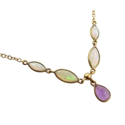 14ct gold citrine  and pearl bow top pendant on 9ct gold chain and a 9ct opal and amethyst necklace, tested or stamped