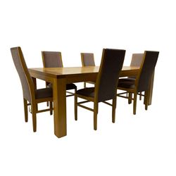 Large pippy oak rectangular dining table, square block leg, and six high back upholstered chairs, retailed by Chapmans of Newcastle