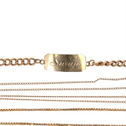 9ct gold jewellery, comprising ID bracelet, box link bracelet, single stud earring and a 10ct gold chain
