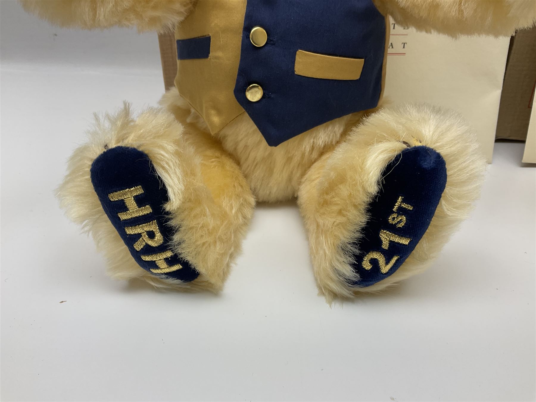 Two modern Steiff limited edition teddy bears - Prince William's 21st Birthday Bear with growler mechanism No.58/1500 H35cm; and Cherished Teddies Collection Daisy No.4269/5000 H33cm; both boxed with certificates (2)