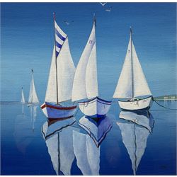 Anne Fryers (Northern British 1947-): Sailing Boat Reflections, acrylic signed with initials 24cm x 24cm