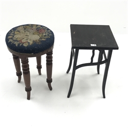  Small German Arts & Crafts style ebonised square jardiniere stand, marked Gesetzlich Geschutzt 1854, (H55cm, W33cm) and a Victorian mahogany stool with woolwork top, (H55cm) (2)   