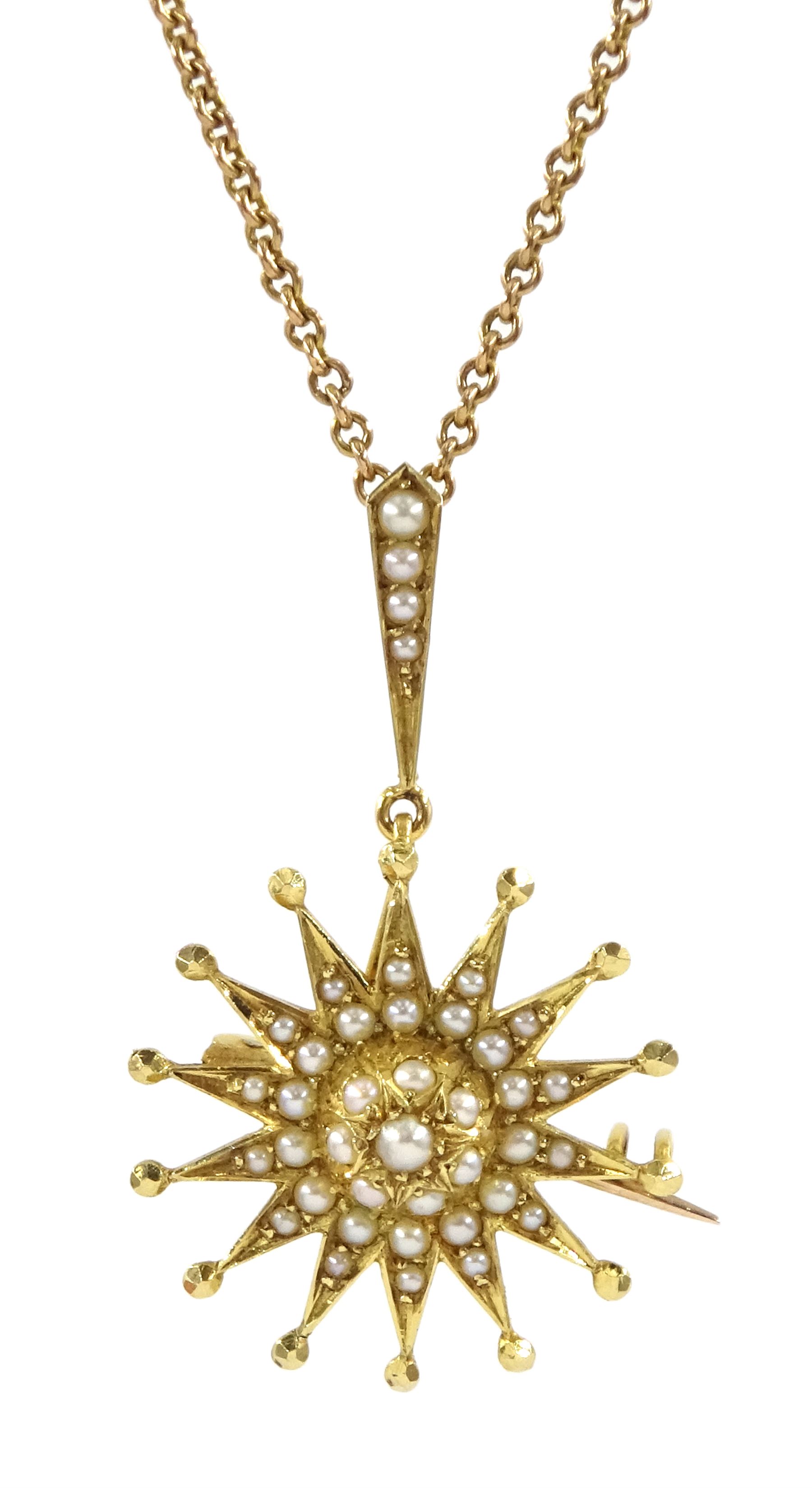 Edwardian 15ct gold seed pearl pendant/brooch, on 9ct gold chain necklace
