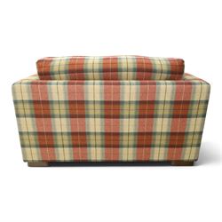 Meridian - snuggle armchair or loveseat, of traditional squared shape, upholstered in tartan fabric with loose cushions, on rectangular feet