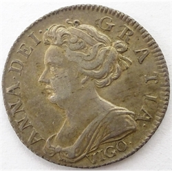  Queen Anne, pre union 1703 sixpence coin, VIGO below bust  