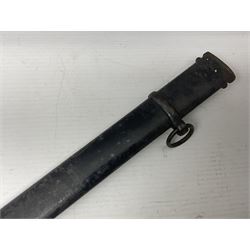 Prussian artillery officer's sword, with 80cm slightly curving fullered  blade, brass hilt with D-shaped langets, curving knucklebow, wire-bound black grip and leather finger loop; in black painted steel scabbard with single suspension loop