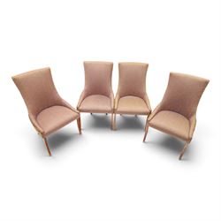 Barker & Stonehouse - cherrywood oval extending dining table and four upholstered chairs, the table with additional leaf extended to cm, raised on a turned column above swept supports, the chairs with brown upholstery and multi-coloured geometric design