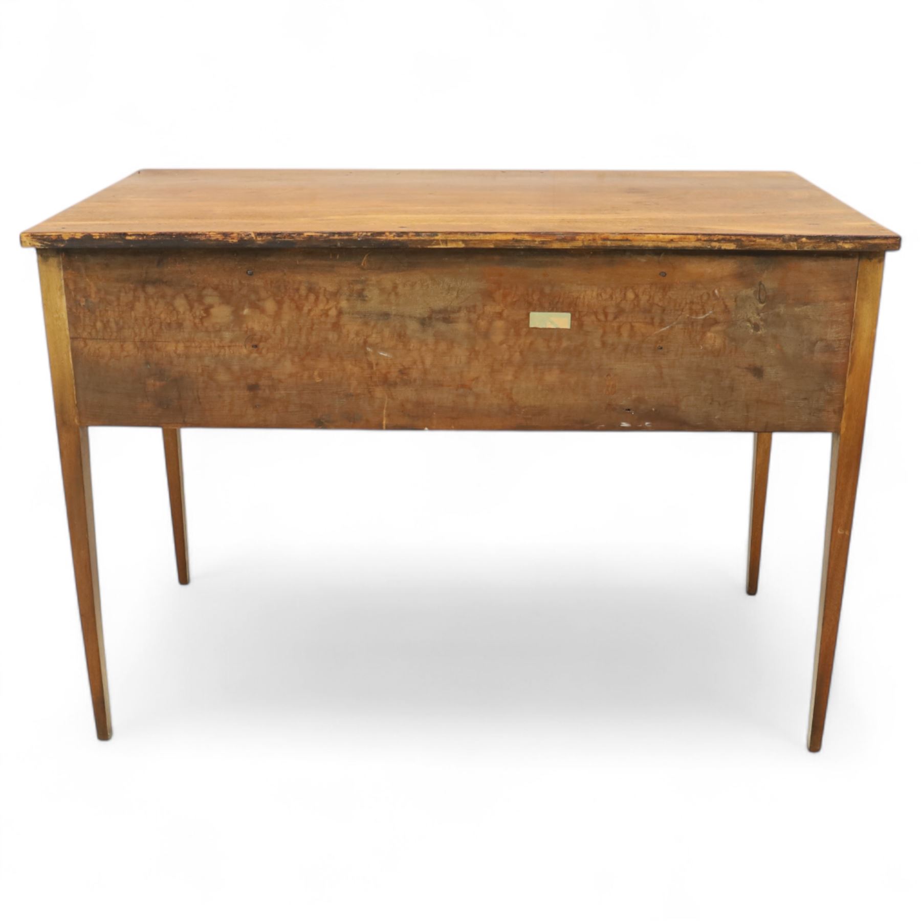 George III inlaid mahogany side table, rectangular top over three cockbeaded drawers with oval brass backplates and handles, on square tapering supports