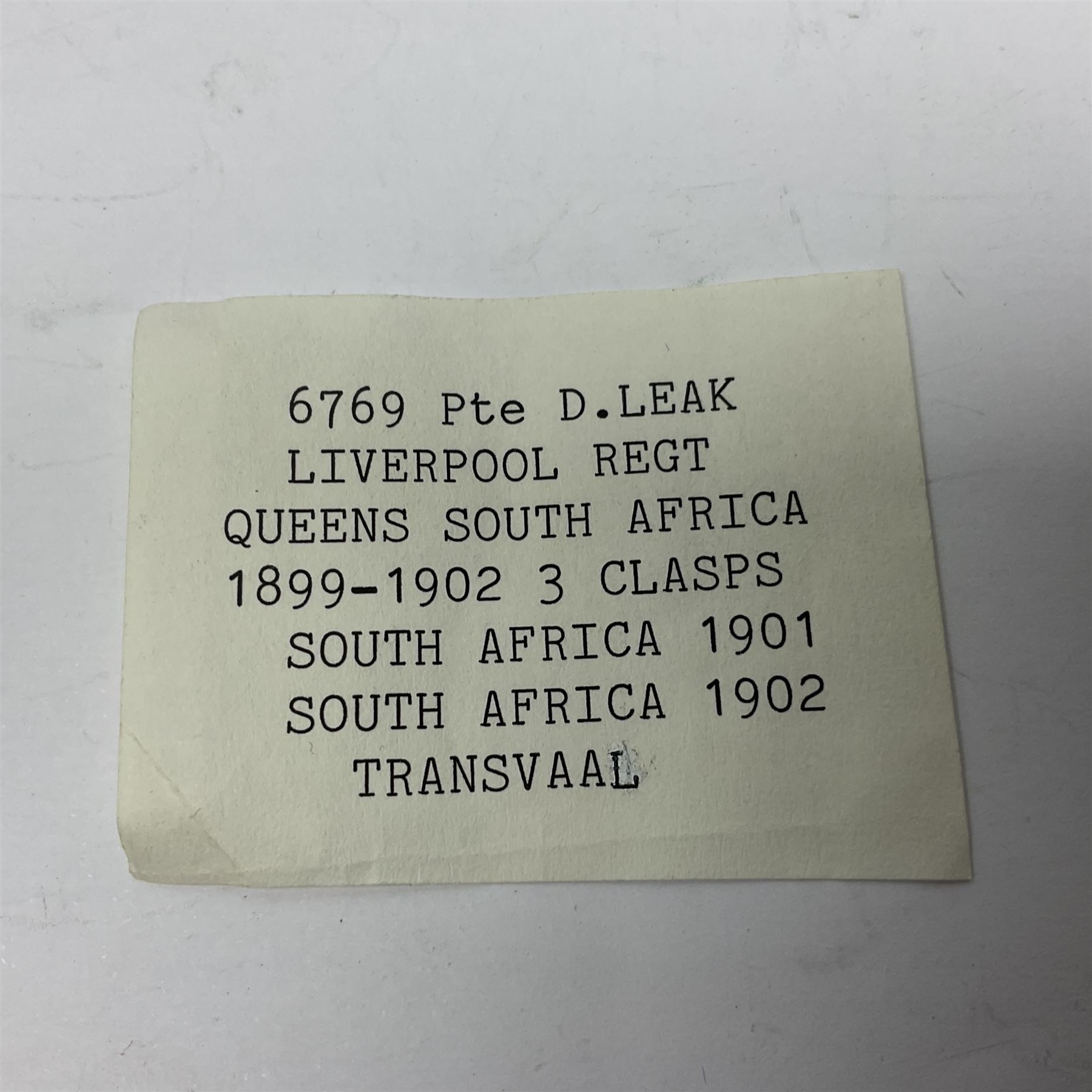 Victoria Queens South Africa Medal with Transvaal, South Africa 1901 and South Africa 1902 clasps awarded to 6769 Pte. D. Leak Liverpool Regiment; with replacement ribbon.