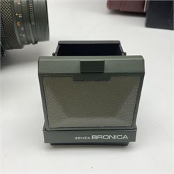 Zenza Bronica ETRS camera body, safari edition, serial no. 7100811, with 'Zenza Bronica Zenzanon EII 1:2.8 f=75mm' lens, serial no. 7908591, film magazine back, safari, serial no. 8100564, AE-ii metering head, safari, serial no. 617024, etc, all in leather case