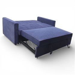 Modern two seat sofa bed upholstered in navy fabric, the rectangular back and seat divided into stitched square panels, with integrated button detailing, straight padded arms of square section, the seat back lowering and extending drawer base to form a sleeping platform