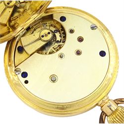 19th / early 20th century 18ct gold half hunter keyless lever pocket watch, white enamel dial with Roman numeral hour markers and subsidiary seconds dial, back case with monogramed initials, stamped 18K with Helvetia hallmark