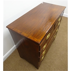  Early 19th century inlaid and cross banded mahogany chest, two short and three long drawers, oval brass plate handles and shaped bracket supports, W99cm, H92cm, D49cm  
