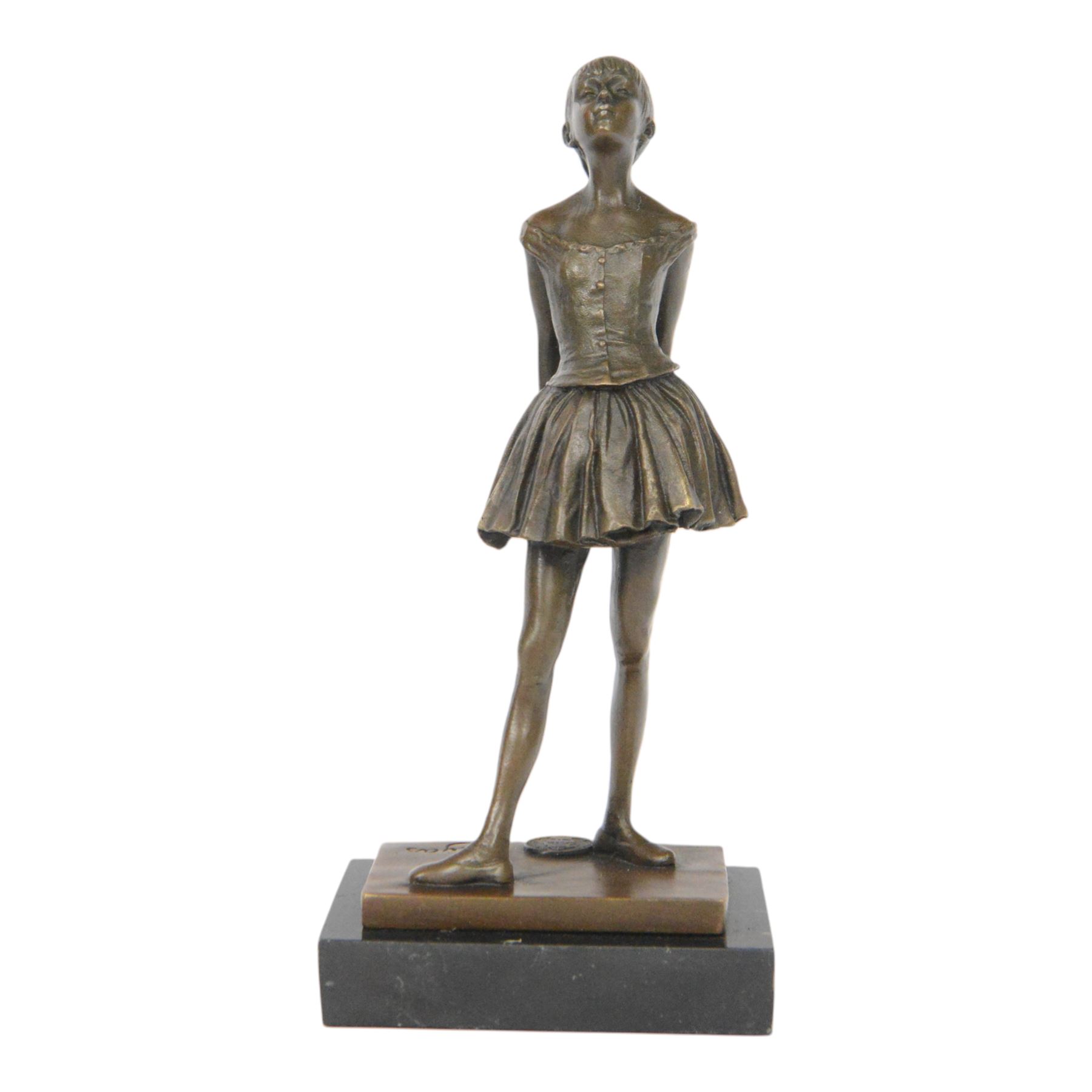 After Edgar Degas, Ballerina bronze figure modelled as a young female dancer, signed Deyas, raised upon a rectangular base, H20cm