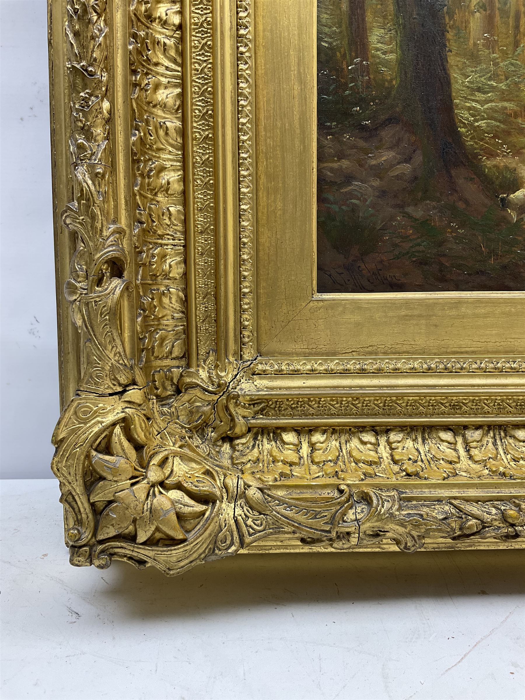 Robert Finlay McIntyre (British c.1846-1906): Driving Sheep through Woodland, oil on canvas signed 60cm x 45cm