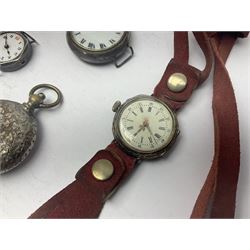 Collection of silver fob watches and wristwatches, some examples with enamel dials, together with silver plated examples 