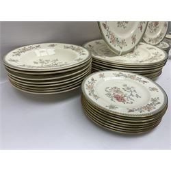 Minton Jasmine pattern tea and dinner wares, including dinner plates, sauce boats, side plates, bowls, teacups, coffee cans and twin handled soup bowls, etc (122)