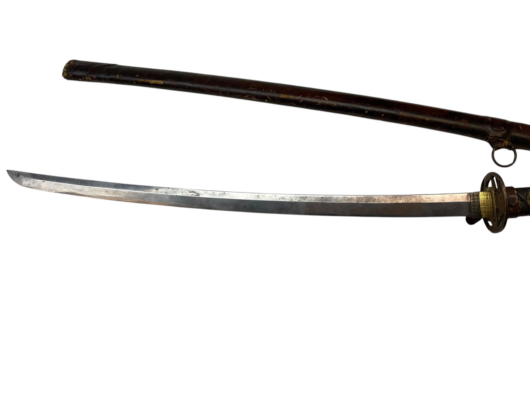 Japanese Army Officers Gunto Sword,  with 64cm steel single edged blade, bronze tsuba and wrapped fish skin grip, in leather scabbard overall L87cm