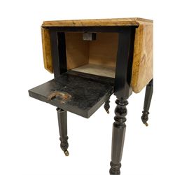 Victorian ebonised drop-leaf pot cupboard with later trompe l'oeil painted top, depicting marbled surface with baize cloth, playing cards and pencil, fitted with two drawers to one end and cupboard to the other with marble inset, on turned and faceted supports with brass castors