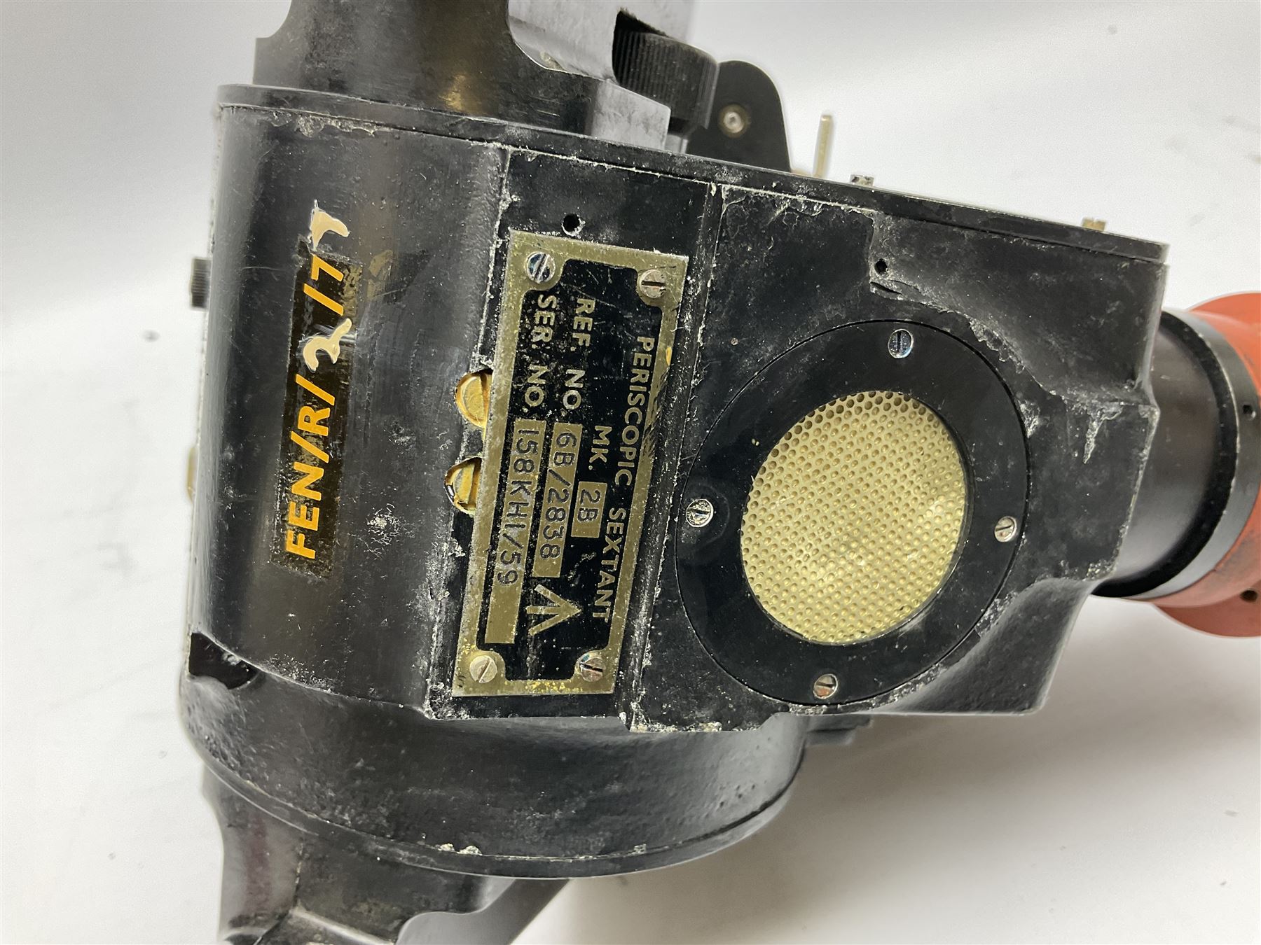 Air Ministry Periscopic Sextant Mk.2B, possibly by Kelvin & Hughes, Ref.No. 6B/2838 Serial No. 158KH1/59, bearing Fenns (Farnborough) Ltd label; in black pyramid shaped stowage case with various labels