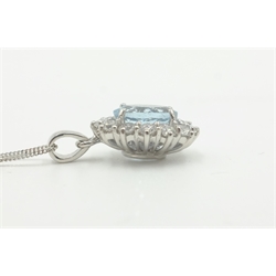  18ct white gold oval aquamarine and diamond cluster pendant necklace hallmarked aquamarine = 1.3 carat, diamond = approx 0.6 carat  