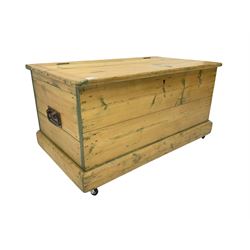 19th century pine chest, fitted with hinged lid and metal carrying handles
