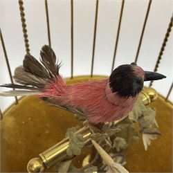 Swiss Reuge Music bird cage automaton music box, the bird with articulated head and beak, in a gilt brass cage, with a glass dome and stand, H30cm