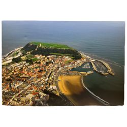 Set five black and white Victorian and later photograph prints of Scarborough on canvas together with a colour photo print of an aerial view of Scarborough max 66cm x 96cm (6)