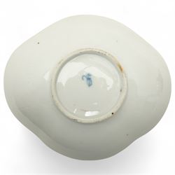 Helena Wolfsohn Dresden porcelain quatrefoil teacup and saucer, decorated with panels of figures and floral sprays on a black ground, marked to base, together with a flask with painted scene of travellers in a port, indistinct continental mark to base, flask H12cm