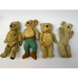 Nine English teddy bears 1950s-60s including wood wool filled Pedigree bear with swivel jointed head, glass eyes, vertically stitched nose and mouth and jointed limbs H14.5