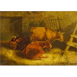  William Perring Hollyer (British 1834-1932): Cattle in a Byre, oil on board signed 24cm x 34cm  