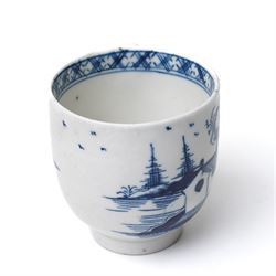 18th century Lowestoft porcelain coffee cup and saucer painted in the 'Two Pagoda Island' pattern, c1765-75, coffee cup H5.5cm