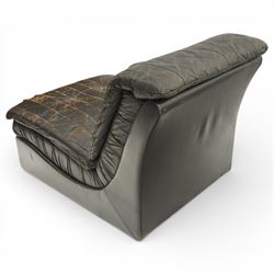 Mid 20th century leather upholstered two-piece sectional sofa with footstool, buttoned back cushions with stitched panel decoration, padded armrests and deep seat cushions, raised on concealed supports