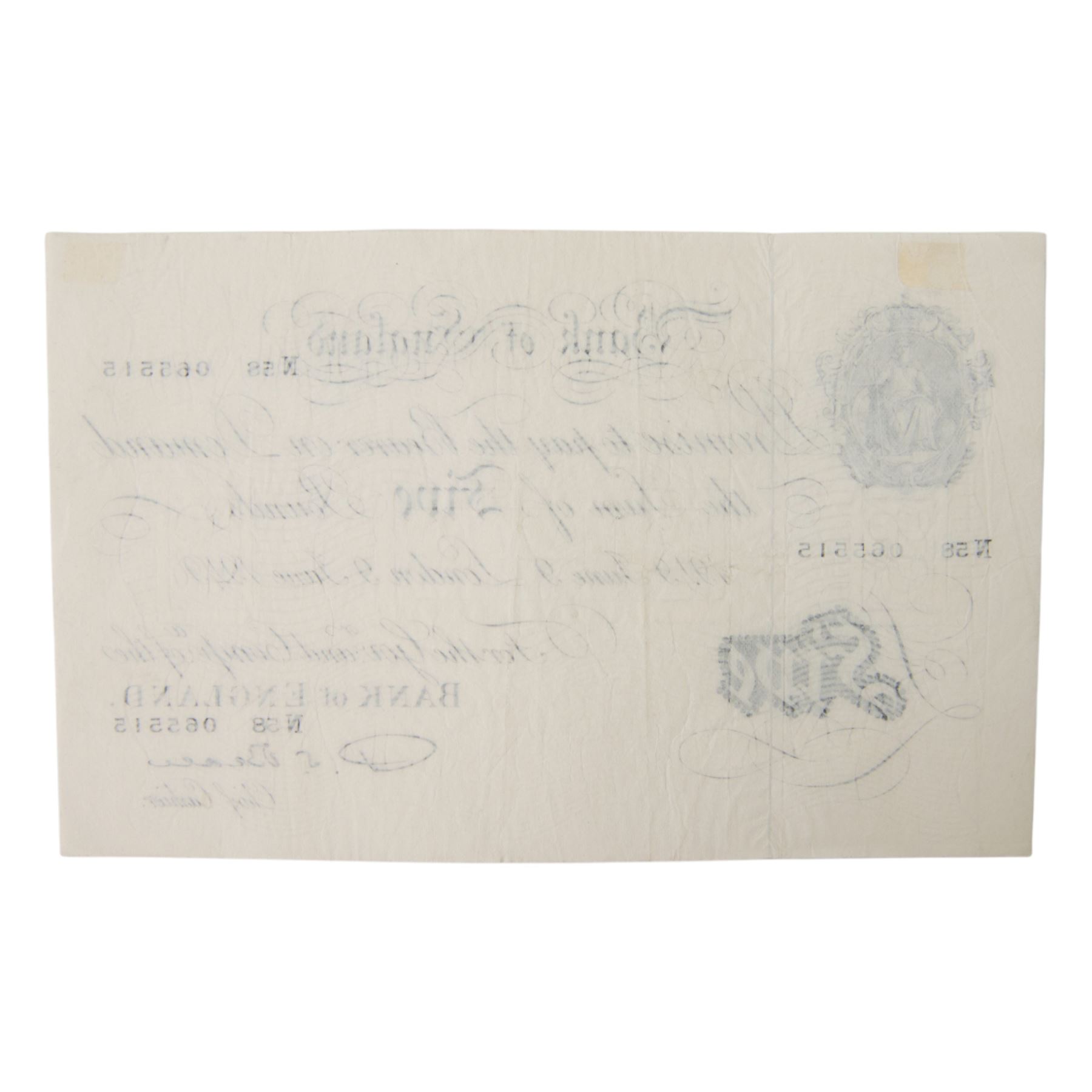 Bank of England Beale white five pound note, N58 065515 London 9 June 1949