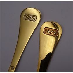 Two Danish silver-gilt year spoons by Georg Jensen, the first example decorated with enamel blue cornflower motif, dated 1972, in original pouch, the second example decorated with enamel pink briar rose motif, dated 1976, in original box, each impressed on underside RA AB, Sterling Denmark, and marked for Georg Jensen, together with two further examples by A.Michelson, the first with orange enamel fan design, dated 1965, impressed on underside A.Michelsen Sterling Danmark, TH, the second with enamel family scene, dated 1973, impressed on underside 925 S A.Michelsen Sterling Danmark, B Spang Olsen, approximate gross weight 6.11ozt (190.4 grams)