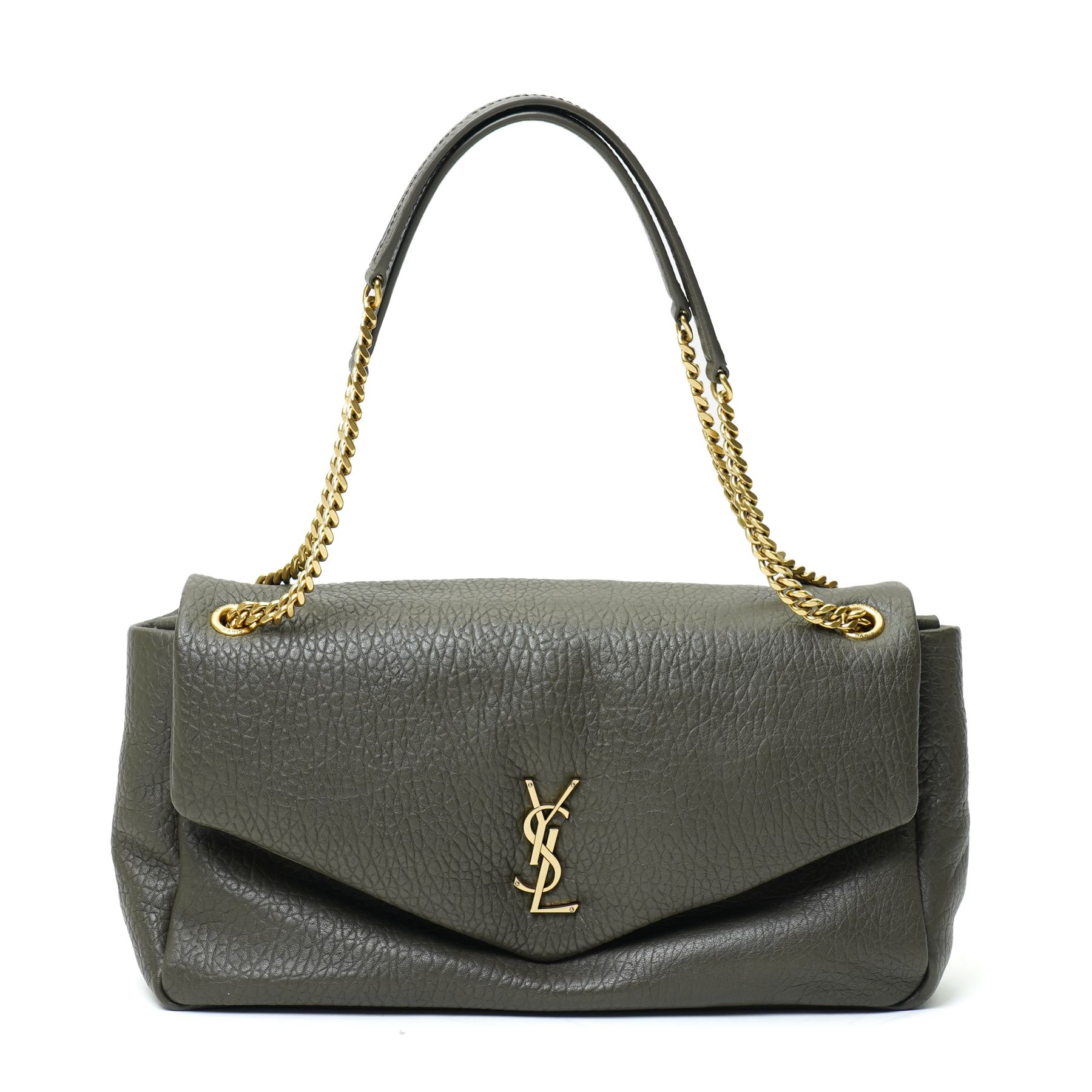 Yves Saint Laurent Calypso large shoulder bag, grey grained leather with envelope flap and gold-tone Cassandre monogram, sliding chain and leather shoulder strap, magnetic fastening, interior lined in black textile with zip pocket and leather brand tab stamped Saint Laurent Paris, made in Italy, together with original Saint Laurent dust bag, W37cm D10cm H22cm
