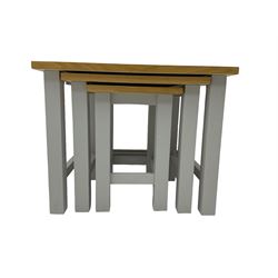 Roseland Farrow - oak and grey finish corner television stand, central drawer and two basket drawers (W100cm, H52cm, D45cm); and a matching nest of tables (51cm x40cm, H41cm)