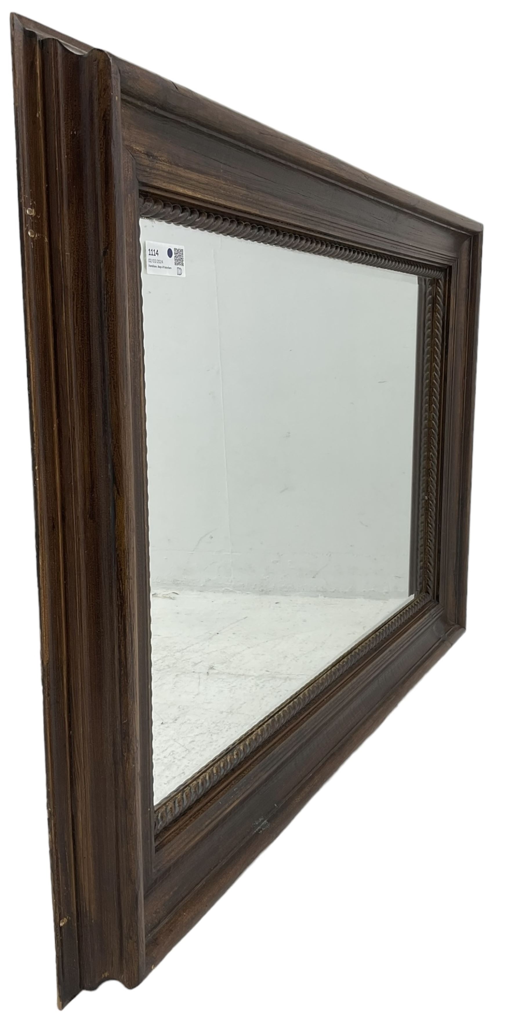 19th century design scumbled pine wall mirror, rectangular bevelled plate with rope-twist slip
