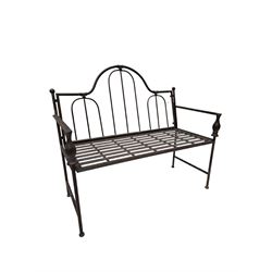 Wrought metal central arch shaped back garden bench in dark metallic finish - THIS LOT IS TO BE COLLECTED BY APPOINTMENT FROM DUGGLEBY STORAGE, GREAT HILL, EASTFIELD, SCARBOROUGH, YO11 3TX