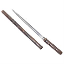 Early 20th century leather covered swagger sword stick, blade length 27cm, overall length 44cm