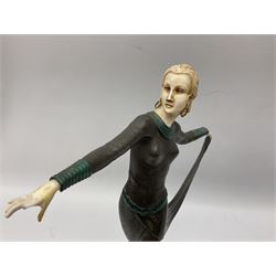 Art Deco style bronze, after Josef Lorenzl, modelled as a dancing lady with outstretched arms, with resin head and hands, raised upon marble effect base, signed to base, H38cm