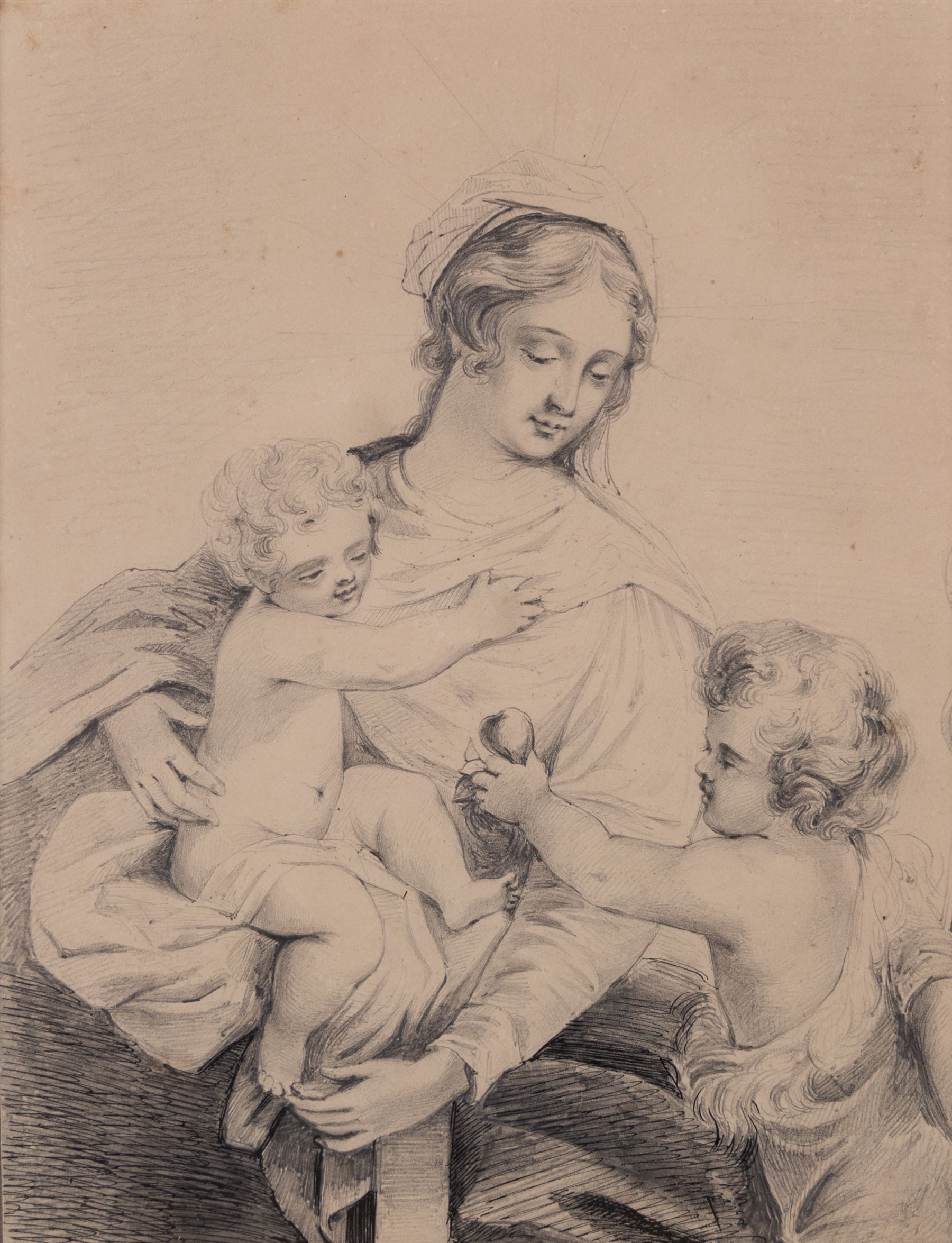 Dominique Vivant Denon (French 1747-1825): The Virgin Baby Jesus and John the Baptist, ink and pencil sketch, signed beneath mount verso 17cm x 13cm 