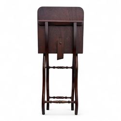 20th century mahogany folding coaching table, hinged rectangular  folding top, divided into two sections, supported on an X-frame with turned stretchers 