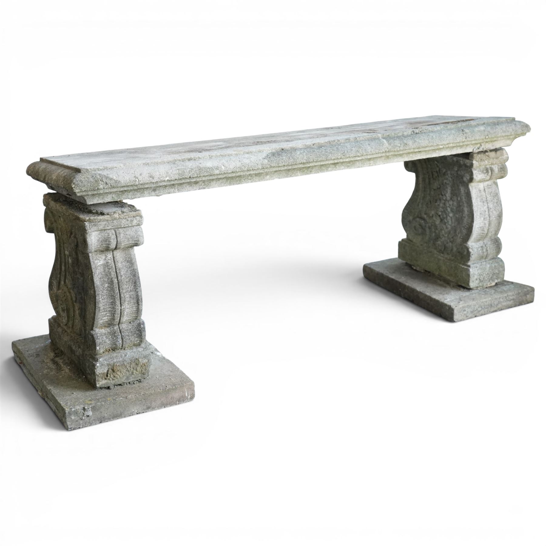 Cast stone garden bench with moulded edge